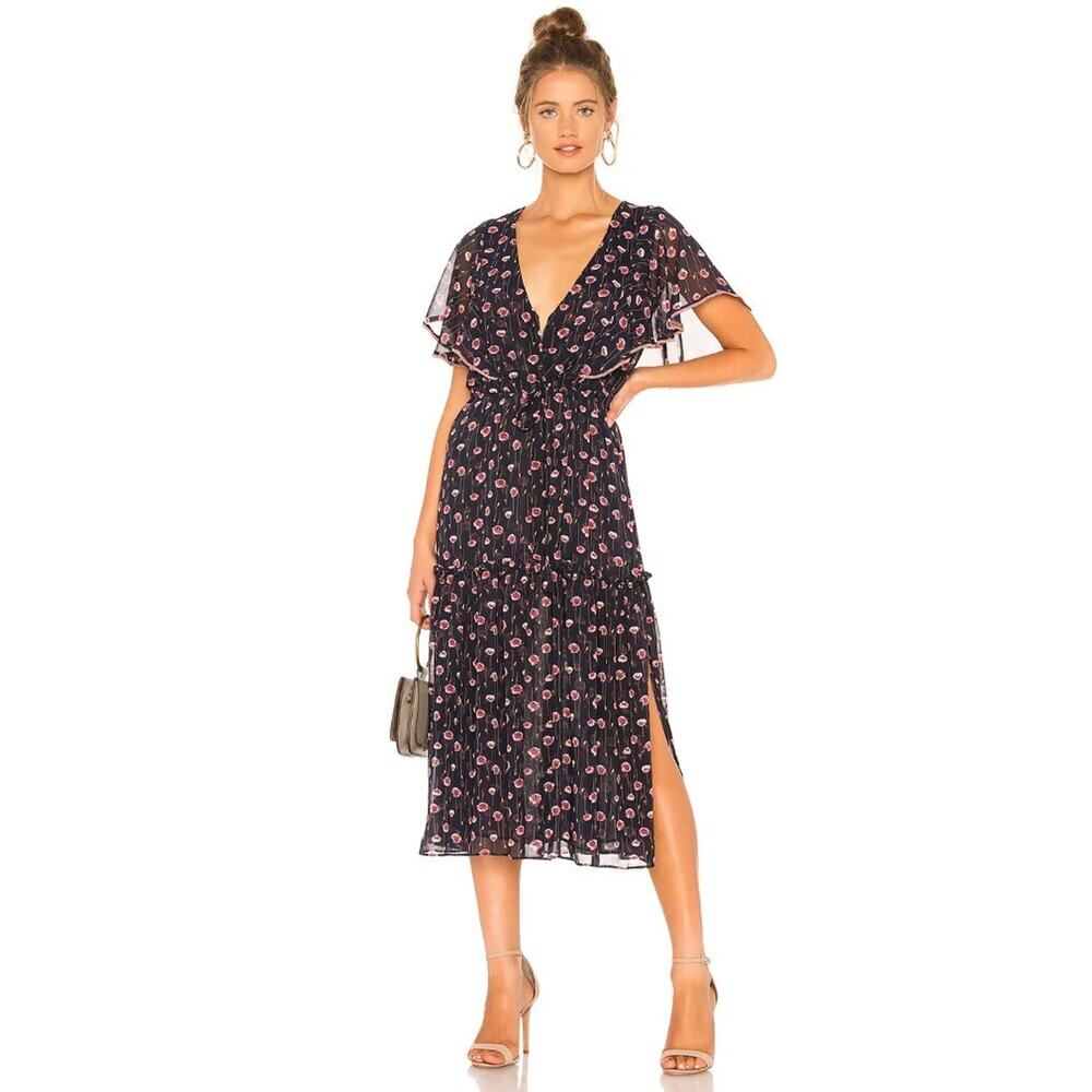 MISA Veronique Flutter Sleeve Floral Chiffon Maxi Midi Dress Revolve XS $326